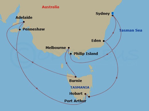 14 Night - South Australia Discovery Holiday - Noordam - Starting in Sydney AU, Phillip Island, Victoria AU, Australia, Melbourne, Australia, Burnie, Tasmania, Australia, Adelaide, South Australia, Australia, Penneshaw, Kangaroo Island, Australia, Hobart, Tasmania, Australia, Port Arthur, Australia, Eden, New South Wales, Australia, Sydney AU itinerary map