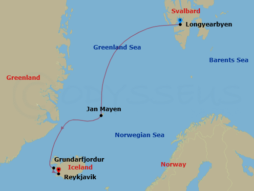 12 Night - Longyearbyen to Reykjavik - Silver Endeavour - Starting in Longyearbyen, Svalbard Northern Region, Jan Mayen Island, Grundarfjordur, Reykjavik itinerary map