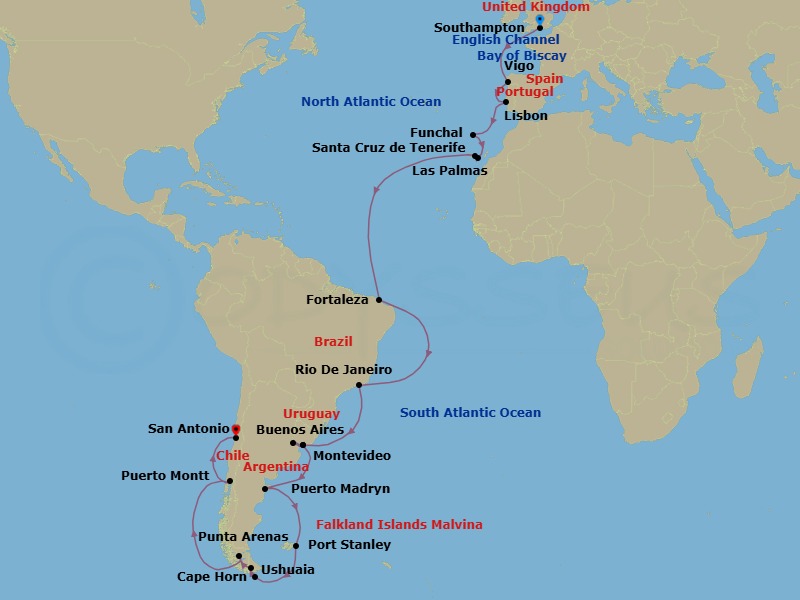 37 Night - South America Passage Grand Adventure - Majestic Princess - Starting in Southampton (for London), England, Vigo, Spain (for Santiago de Compostela), Lisbon, Portugal, Madeira (Funchal), Portugal, Gran Canaria (Las Palmas), Canary Islands, Santa Cruz de Tenerife, Fortaleza, Brazil, Rio De Janeiro, Brazil, Montevideo, Uruguay, Buenos Aires, Argentina, Montevideo, Uruguay, Puerto Madryn, Argentina, Port Stanley, Falkland Islands, Cape Horn (Scenic Cruising), Ushuaia (Tierra del Fuego), Argentina, Beagle Channel Fjords and Glacier Alley, Chile, Punta Arenas, Chile, Puerto Montt, Chile, San Antonio CL (for Santiago), Chile itinerary map