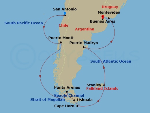 15 Night - Cape Horn & Glaciers of Patagonia - Majestic Princess - Starting in San Antonio CL (for Santiago), Chile, Puerto Montt, Chile, Punta Arenas, Chile, Beagle Channel Fjords and Glacier Alley, Chile, Ushuaia (Tierra del Fuego), Argentina, Cape Horn (Scenic Cruising), Port Stanley, Falkland Islands, Puerto Madryn, Argentina, Montevideo, Uruguay, Buenos Aires, Argentina itinerary map