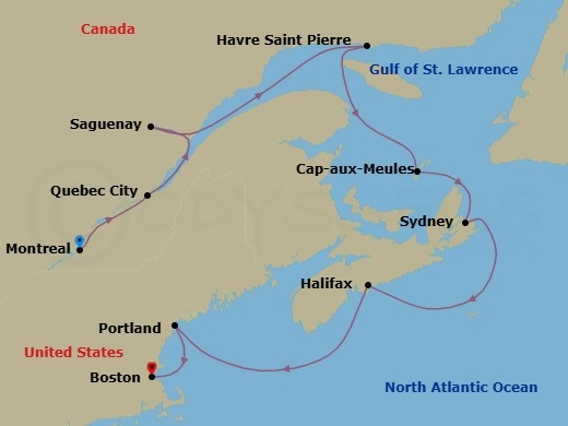 12 Night - with the Atlantic : a Seabourn Conversations Exclusive - Seabourn Quest - Starting in Montreal, Quebec, Canada, Quebec City, Quebec, Canada, Saguenay, Quebec, Canada, Havre-Saint-Pierre, Quebec, Canada, Cap-aux-Meules, Iles de la Madeleine, Quebec, Canada, Sydney NS, Nova Scotia, Canada, Halifax, Nova Scotia, Canada, Portland ME, Boston, Massachusetts itinerary map