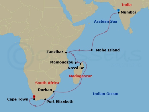 20 Night - Navigate New Horizons - Seven Seas Navigator - Starting in Mumbai (Bombay), Cruising the Arabian Sea, Cruising the Indian Ocean, Mahe, Cruising the Indian Ocean, Zanzibar, Cruising the Indian Ocean, Mayotte, Nosy Be, Cruising the Mozambique Channel, Cruising the Indian Ocean, Durban, Cruising the Indian Ocean, Port Elizabeth ZA, Cruising the Indian Ocean, Cape Town itinerary map