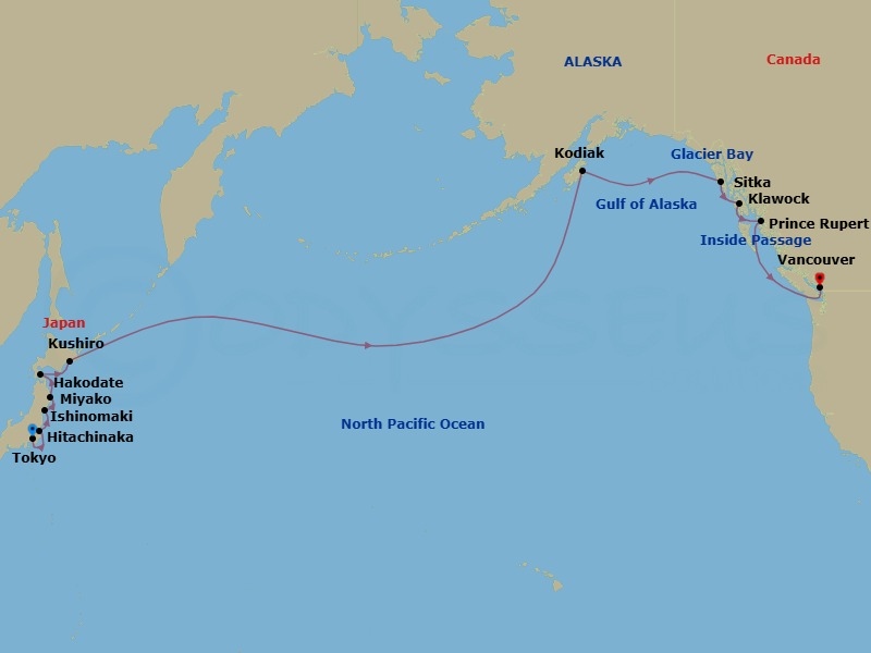 21 Night - Cherry Blossoms, Pacific Passage & Glacier Bay - Seabourn Encore - Starting in Tokyo, Japan, Hitachinaka, Japan, Ishinomaki, Japan, Miyako, Japan, Hakodate, Japan, Kushiro, Japan, Cross International Dateline, Kodiak, Alaska, Glacier Bay, Sitka, Alaska, Klawock, Alaska, Prince Rupert, British Columbia, Canada, Inside Passage, Vancouver, BC, CA itinerary map