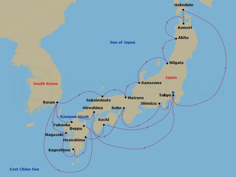 28 Night - Japan's Cherry Blossom Exploration - Seabourn Encore - Starting in Tokyo, Japan, Kochi, Japan, Hososhima, Japan, Kagoshima, Japan, Nagasaki, Japan, Busan (Pusan), South Korea, Fukuoka (Hakata), Japan, Scenic Cruising Kanmon Straits, Hiroshima, Japan, Kobe, Japan, Shimizu, Japan, Tokyo, Japan, Beppu, Japan, Scenic Cruising Kanmon Straits, Busan (Pusan), South Korea, Sakaiminato, Japan, Maizuru, Japan, Kanazawa, Japan, Niigata, Japan, Akita, Japan, Aomori, Japan, Hakodate, Japan, Tokyo, Japan itinerary map