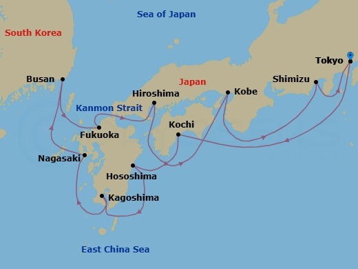 14 Night - Japan's Cherry Blossoms & Kobe Nights - Seabourn Encore - Starting in Tokyo, Japan, Kochi, Japan, Hososhima, Japan, Kagoshima, Japan, Nagasaki, Japan, Busan (Pusan), South Korea, Fukuoka (Hakata), Japan, Scenic Cruising Kanmon Straits, Hiroshima, Japan, Kobe, Japan, Shimizu, Japan, Tokyo, Japan itinerary map