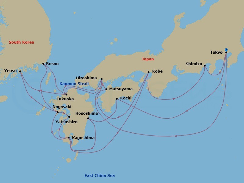 28 Night - Japan's Cherry Blossom Exploration - Seabourn Encore - Starting in Tokyo, Japan, Matsuyama, Japan, Hiroshima, Japan, Scenic Cruising Kanmon Straits, Fukuoka (Hakata), Japan, Yeosu, South Korea, Nagasaki, Japan, Yatsushiro, Japan, Kagoshima, Japan, Kobe, Japan, Shimizu, Japan, Tokyo, Japan, Kochi, Japan, Hososhima, Japan, Kagoshima, Japan, Nagasaki, Japan, Busan (Pusan), South Korea, Fukuoka (Hakata), Japan, Scenic Cruising Kanmon Straits, Hiroshima, Japan, Kobe, Japan, Shimizu, Japan, Tokyo, Japan itinerary map