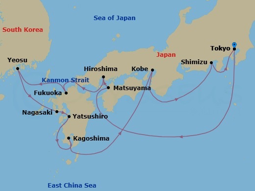 14 Night - Japan's Cherry Blossoms & Kobe Nights - Seabourn Encore - Starting in Tokyo, Japan, Matsuyama, Japan, Hiroshima, Japan, Scenic Cruising Kanmon Straits, Fukuoka (Hakata), Japan, Yeosu, South Korea, Nagasaki, Japan, Yatsushiro, Japan, Kagoshima, Japan, Kobe, Japan, Shimizu, Japan, Tokyo, Japan itinerary map