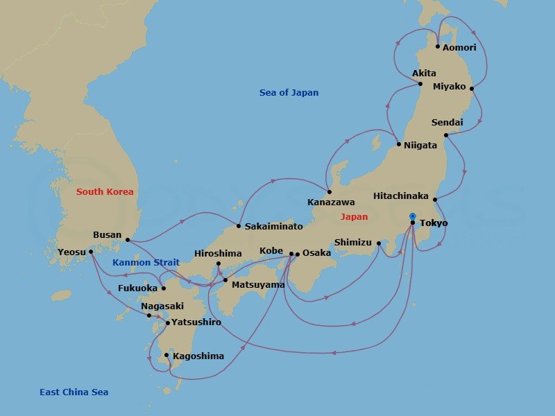 28 Night - Japan's Plum & Cherry Blossoms Exploration - Seabourn Encore - Starting in Tokyo, Japan, Osaka, Japan, Busan (Pusan), South Korea, Sakaiminato, Japan, Kanazawa, Japan, Niigata, Japan, Akita, Japan, Aomori, Japan, Miyako, Japan, Sendai, Japan, Hitachinaka, Japan, Tokyo, Japan, Matsuyama, Japan, Hiroshima, Japan, Scenic Cruising Kanmon Straits, Fukuoka (Hakata), Japan, Yeosu, South Korea, Nagasaki, Japan, Yatsushiro, Japan, Kagoshima, Japan, Kobe, Japan, Shimizu, Japan, Tokyo, Japan itinerary map