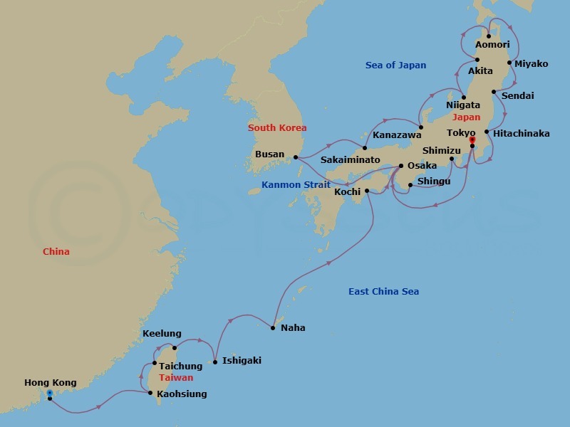 26 Night - Exploring Taiwan, Japan's Gems & Plum Blossoms - Seabourn Encore - Starting in Hong Kong, China, Kaohsiung, Taiwan, Taichung, Taiwan, Keelung (Taipei), Taiwan, Ishigaki Island, Japan, Naha, Japan, Kochi, Japan, Osaka, Japan, Shingu, Japan, Shimizu, Japan, Tokyo, Japan, Osaka, Japan, Busan (Pusan), South Korea, Sakaiminato, Japan, Kanazawa, Japan, Niigata, Japan, Akita, Japan, Aomori, Japan, Miyako, Japan, Sendai, Japan, Hitachinaka, Japan, Tokyo, Japan itinerary map