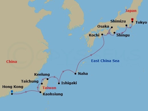 12 Night - Exploring Taiwan & Japan Charming Harbors - Seabourn Encore - Starting in Hong Kong, China, Kaohsiung, Taiwan, Taichung, Taiwan, Keelung (Taipei), Taiwan, Ishigaki Island, Japan, Naha, Japan, Kochi, Japan, Osaka, Japan, Shingu, Japan, Shimizu, Japan, Tokyo, Japan itinerary map