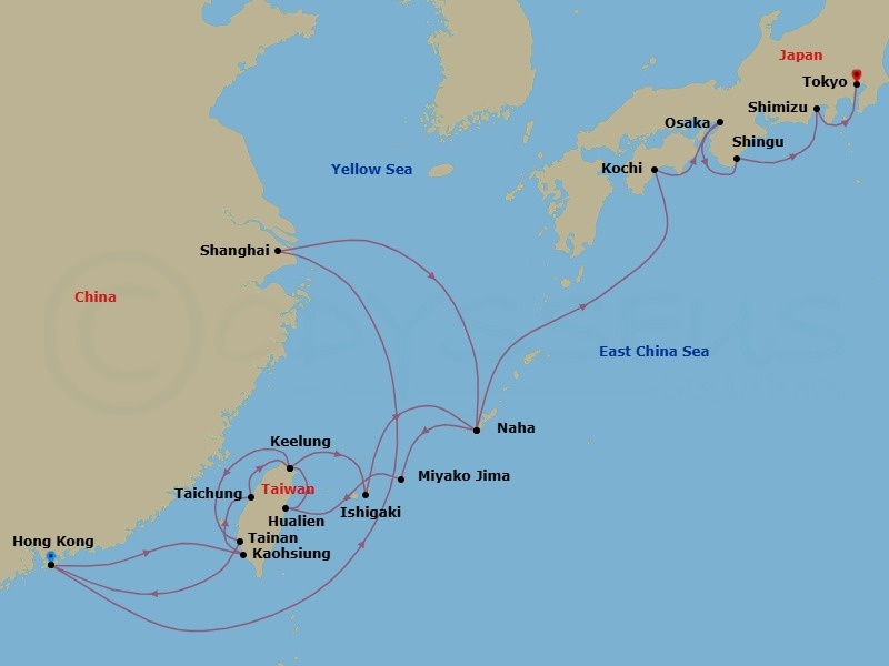 24 Night - Shanghai Nights, Japan Charming Harbors & Taiwan - Seabourn Encore - Starting in Hong Kong, China, Shanghai, China, Naha, Japan, Miyakojima, Japan, Hualien, Taiwan, Keelung (Taipei), Taiwan, Tainan (Anping), Taiwan, Hong Kong, China, Kaohsiung, Taiwan, Taichung, Taiwan, Keelung (Taipei), Taiwan, Ishigaki Island, Japan, Naha, Japan, Kochi, Japan, Osaka, Japan, Shingu, Japan, Shimizu, Japan, Tokyo, Japan itinerary map