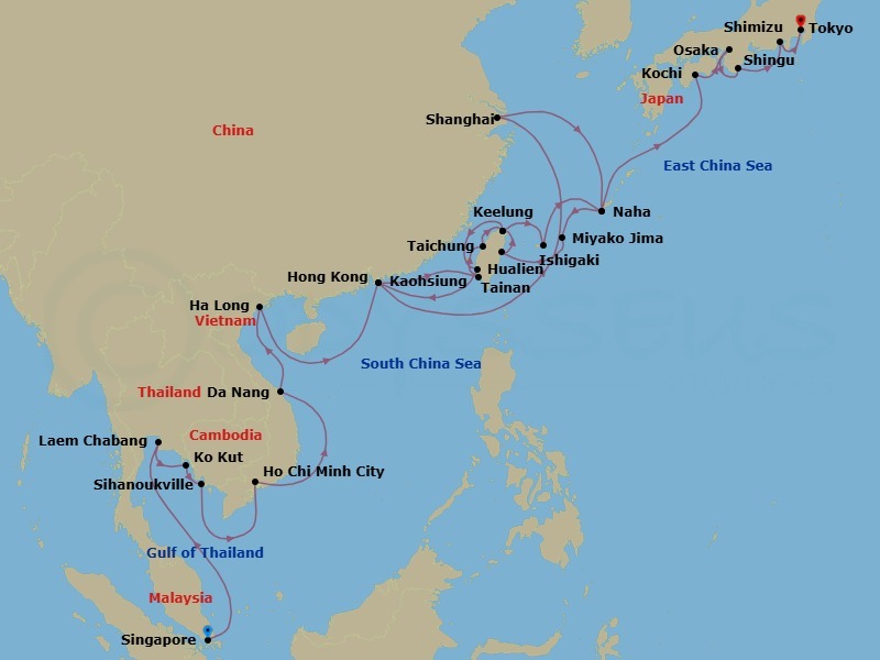 38 Night - Southeast Asia, Shanghai Nights, Japan & Taiwan - Seabourn Encore - Starting in Singapore, Laem Chabang (Bangkok), Thailand, Ko Kood, Thailand, Sihanoukville, Cambodia, Ho Chi Minh City (Saigon), Vietnam, Da Nang (Hue), Vietnam, Halong Bay, Vietnam, Hong Kong, China, Shanghai, China, Naha, Japan, Miyakojima, Japan, Hualien, Taiwan, Keelung (Taipei), Taiwan, Tainan (Anping), Taiwan, Hong Kong, China, Kaohsiung, Taiwan, Taichung, Taiwan, Keelung (Taipei), Taiwan, Ishigaki Island, Japan, Naha, Japan, Kochi, Japan, Osaka, Japan, Shingu, Japan, Shimizu, Japan, Tokyo, Japan itinerary map