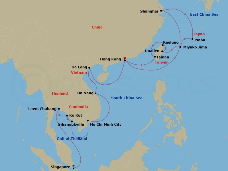 26 Night - Southeast Asia, Shanghai Nights, Japan & Taiwan - Seabourn Encore - Starting in Singapore, Laem Chabang (Bangkok), Thailand, Ko Kood, Thailand, Sihanoukville, Cambodia, Ho Chi Minh City (Saigon), Vietnam, Da Nang (Hue), Vietnam, Halong Bay, Vietnam, Hong Kong, China, Shanghai, China, Naha, Japan, Miyakojima, Japan, Hualien, Taiwan, Keelung (Taipei), Taiwan, Tainan (Anping), Taiwan, Hong Kong, China itinerary map
