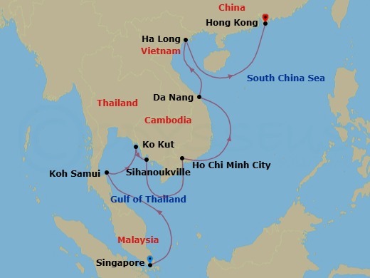 14 Night - Thailand, Cambodia & Vietnam Holiday - Seabourn Encore - Starting in Singapore, Ko Samui, Thailand, Ko Kood, Thailand, Sihanoukville, Cambodia, Ho Chi Minh City (Saigon), Vietnam, Da Nang (Hue), Vietnam, Halong Bay, Vietnam, Hong Kong, China itinerary map