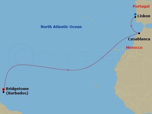 12 Night - Atlantic Crossing from Casablanca to the Caribbean - Seabourn Ovation - Starting in Lisbon, Portugal, Casablanca, Morocco, Bridgetown, Barbados itinerary map