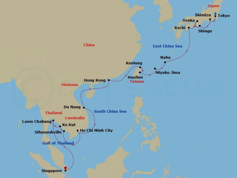 26 Night - Osaka Nights, Taiwan & Southeast Asia - Seabourn Encore - Starting in Tokyo, Japan, Shimizu, Japan, Shingu, Japan, Osaka, Japan, Kochi, Japan, Naha, Japan, Miyakojima, Japan, Hualien, Taiwan, Keelung (Taipei), Taiwan, Hong Kong, China, Halong Bay, Vietnam, Da Nang (Hue), Vietnam, Ho Chi Minh City (Saigon), Vietnam, Sihanoukville, Cambodia, Ko Kood, Thailand, Laem Chabang (Bangkok), Thailand, Singapore itinerary map