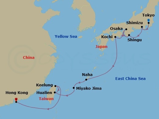 12 Night - Exploring Osaka, Okinawa & Taiwan - Seabourn Encore - Starting in Tokyo, Japan, Shimizu, Japan, Shingu, Japan, Osaka, Japan, Kochi, Japan, Naha, Japan, Miyakojima, Japan, Hualien, Taiwan, Keelung (Taipei), Taiwan, Hong Kong, China itinerary map