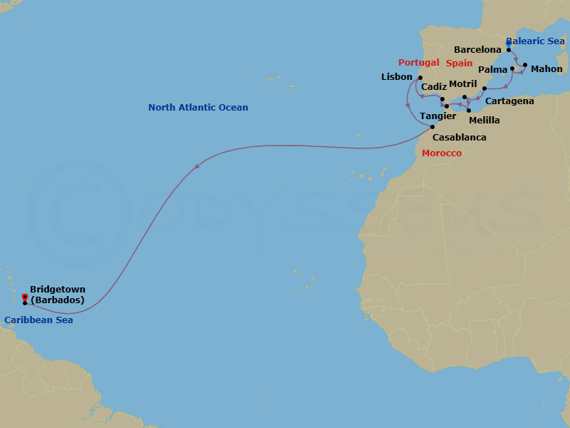 21 Night - Atlantic Crossing from Spain to the Caribbean - Seabourn Ovation - Starting in Barcelona, Spain, Mahon, Menorca, Spain, Palma De Mallorca, Spain, Cartagena ES, Motril (Granada), Spain, Melilla, Spanish Morocco, Spain, Tangier, Morocco, Cadiz (Seville), Spain, Lisbon, Portugal, Casablanca, Morocco, Bridgetown, Barbados itinerary map