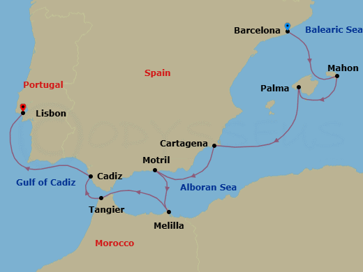 9 Night - Andalusia & Spanish Riviera Gems - Seabourn Ovation - Starting in Barcelona, Spain, Mahon, Menorca, Spain, Palma De Mallorca, Spain, Cartagena ES, Motril (Granada), Spain, Melilla, Spanish Morocco, Spain, Tangier, Morocco, Cadiz (Seville), Spain, Lisbon, Portugal itinerary map