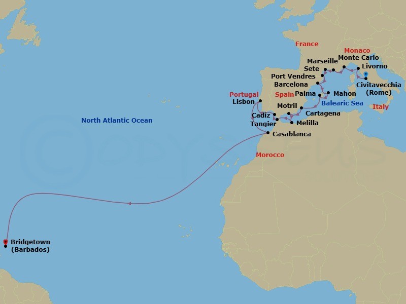 28 Night - Yacht Harbors of France, Spain & Atlantic Crossing - Seabourn Ovation - Starting in Civitavecchia (Rome), Italy, Livorno (Florence / Pisa), Italy, Monte Carlo, Monaco, La Joliette (Marseille), France, Sete, France, Port-Vendres, France, Barcelona, Spain, Mahon, Menorca, Spain, Palma De Mallorca, Spain, Cartagena ES, Motril (Granada), Spain, Melilla, Spanish Morocco, Spain, Tangier, Morocco, Cadiz (Seville), Spain, Lisbon, Portugal, Casablanca, Morocco, Bridgetown, Barbados itinerary map