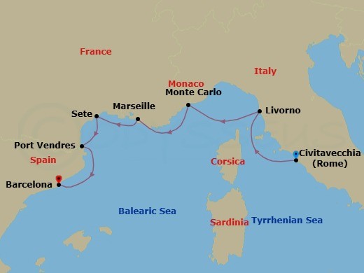 7 Night - Florence, Monte Carlo & Southern France - Seabourn Ovation - Starting in Civitavecchia (Rome), Italy, Livorno (Florence / Pisa), Italy, Monte Carlo, Monaco, La Joliette (Marseille), France, Sete, France, Port-Vendres, France, Barcelona, Spain itinerary map