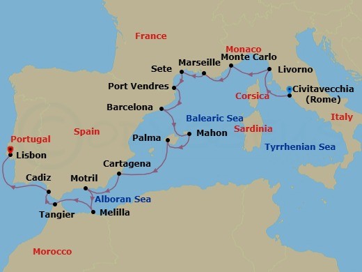 16 Night - Riviera Yacht Harbors of France & Spain - Seabourn Ovation - Starting in Civitavecchia (Rome), Italy, Livorno (Florence / Pisa), Italy, Monte Carlo, Monaco, La Joliette (Marseille), France, Sete, France, Port-Vendres, France, Barcelona, Spain, Mahon, Menorca, Spain, Palma De Mallorca, Spain, Cartagena ES, Motril (Granada), Spain, Melilla, Spanish Morocco, Spain, Tangier, Morocco, Cadiz (Seville), Spain, Lisbon, Portugal itinerary map