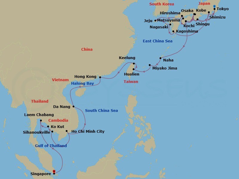 40 Night - Exploring Japan's Fall Foliage & Southeast Asia - Seabourn Encore - Starting in Tokyo, Japan, Shimizu, Japan, Kagoshima, Japan, Nagasaki, Japan, Jeju (Cheju) City, South Korea, Scenic Cruising Kanmon Straits, Hiroshima, Japan, Matsuyama, Japan, Kochi, Japan, Kobe, Japan, Shingu, Japan, Tokyo, Japan, Shimizu, Japan, Shingu, Japan, Osaka, Japan, Kochi, Japan, Naha, Japan, Miyakojima, Japan, Hualien, Taiwan, Keelung (Taipei), Taiwan, Hong Kong, China, Halong Bay, Vietnam, Da Nang (Hue), Vietnam, Ho Chi Minh City (Saigon), Vietnam, Sihanoukville, Cambodia, Ko Kood, Thailand, Laem Chabang (Bangkok), Thailand, Singapore itinerary map