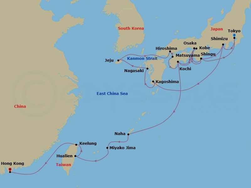 26 Night - Japan's Fall Foliage, Osaka Nights & Taiwan - Seabourn Encore - Starting in Tokyo, Japan, Shimizu, Japan, Kagoshima, Japan, Nagasaki, Japan, Jeju (Cheju) City, South Korea, Scenic Cruising Kanmon Straits, Hiroshima, Japan, Matsuyama, Japan, Kochi, Japan, Kobe, Japan, Shingu, Japan, Tokyo, Japan, Shimizu, Japan, Shingu, Japan, Osaka, Japan, Kochi, Japan, Naha, Japan, Miyakojima, Japan, Hualien, Taiwan, Keelung (Taipei), Taiwan, Hong Kong, China itinerary map