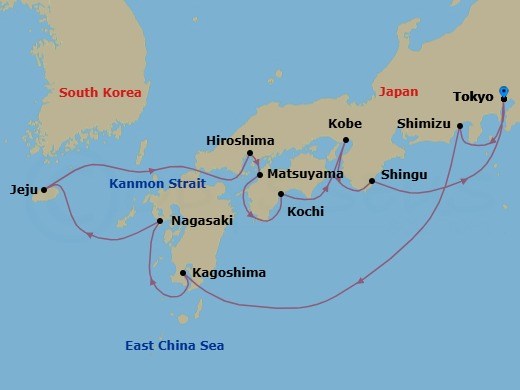 14 Night - Exploring Japan's Fall Foliage - Seabourn Encore - Starting in Tokyo, Japan, Shimizu, Japan, Kagoshima, Japan, Nagasaki, Japan, Jeju (Cheju) City, South Korea, Scenic Cruising Kanmon Straits, Hiroshima, Japan, Matsuyama, Japan, Kochi, Japan, Kobe, Japan, Shingu, Japan, Tokyo, Japan itinerary map