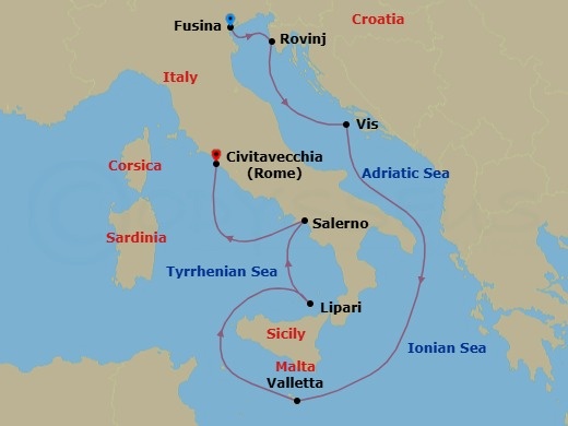 7 Night - Dalmatian Gems, Malta & Italy - Seabourn Ovation - Starting in Fusina (Venice), Italy, Rovinj, Croatia, Vis Island, Croatia, Valletta, Malta, Lipari, Italy, Salerno, Italy, Civitavecchia (Rome), Italy itinerary map
