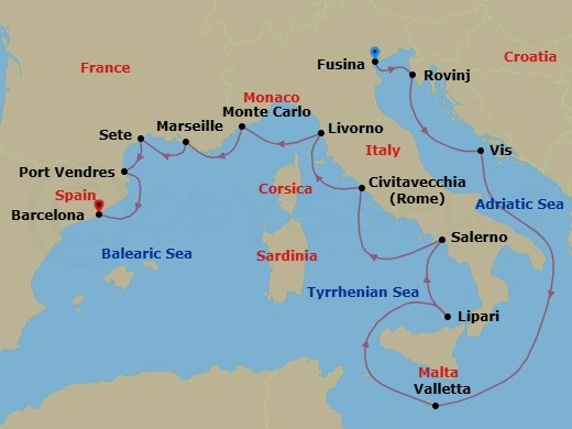 14 Night - Dalmatian Gems, Malta & Southern France - Seabourn Ovation - Starting in Fusina (Venice), Italy, Rovinj, Croatia, Vis Island, Croatia, Valletta, Malta, Lipari, Italy, Salerno, Italy, Civitavecchia (Rome), Italy, Livorno (Florence / Pisa), Italy, Monte Carlo, Monaco, La Joliette (Marseille), France, Sete, France, Port-Vendres, France, Barcelona, Spain itinerary map