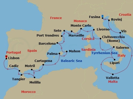 23 Night - Exploring Dalmatian Gems, France & Spain - Seabourn Ovation - Starting in Fusina (Venice), Italy, Rovinj, Croatia, Vis Island, Croatia, Valletta, Malta, Lipari, Italy, Salerno, Italy, Civitavecchia (Rome), Italy, Livorno (Florence / Pisa), Italy, Monte Carlo, Monaco, La Joliette (Marseille), France, Sete, France, Port-Vendres, France, Barcelona, Spain, Mahon, Menorca, Spain, Palma De Mallorca, Spain, Cartagena ES, Motril (Granada), Spain, Melilla, Spanish Morocco, Spain, Tangier, Morocco, Cadiz (Seville), Spain, Lisbon, Portugal itinerary map