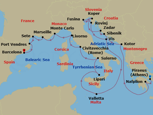 21 Night - Hidden Gems of Greece & Yacht Harbors of France - Seabourn Ovation - Starting in Piraeus (Athens), Greece, Nafplion, Greece, Kotor, Montenegro, Vodice (Sibenik), Croatia, Zadar, Croatia, Koper, Slovenia, Fusina (Venice), Italy, Rovinj, Croatia, Vis Island, Croatia, Valletta, Malta, Lipari, Italy, Salerno, Italy, Civitavecchia (Rome), Italy, Livorno (Florence / Pisa), Italy, Monte Carlo, Monaco, La Joliette (Marseille), France, Sete, France, Port-Vendres, France, Barcelona, Spain itinerary map