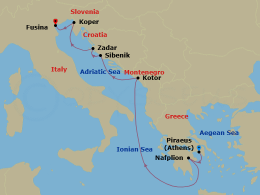 7 Night - Hidden Gems of Greece, Croatia & Slovenia - Seabourn Ovation - Starting in Piraeus (Athens), Greece, Nafplion, Greece, Kotor, Montenegro, Vodice (Sibenik), Croatia, Zadar, Croatia, Koper, Slovenia, Fusina (Venice), Italy itinerary map