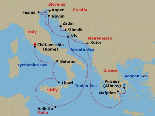 14 Night - Hidden Gems of Greece, Croatia, Malta & Italy - Seabourn Ovation - Starting in Piraeus (Athens), Greece, Nafplion, Greece, Kotor, Montenegro, Vodice (Sibenik), Croatia, Zadar, Croatia, Koper, Slovenia, Fusina (Venice), Italy, Rovinj, Croatia, Vis Island, Croatia, Valletta, Malta, Lipari, Italy, Salerno, Italy, Civitavecchia (Rome), Italy itinerary map