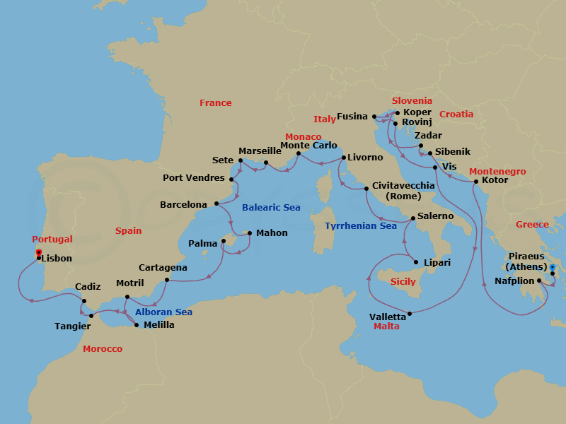 30 Night - Hidden Riviera Gems, Malta, Montenegro & Greece - Seabourn Ovation - Starting in Piraeus (Athens), Greece, Nafplion, Greece, Kotor, Montenegro, Vodice (Sibenik), Croatia, Zadar, Croatia, Koper, Slovenia, Fusina (Venice), Italy, Rovinj, Croatia, Vis Island, Croatia, Valletta, Malta, Lipari, Italy, Salerno, Italy, Civitavecchia (Rome), Italy, Livorno (Florence / Pisa), Italy, Monte Carlo, Monaco, La Joliette (Marseille), France, Sete, France, Port-Vendres, France, Barcelona, Spain, Mahon, Menorca, Spain, Palma De Mallorca, Spain, Cartagena ES, Motril (Granada), Spain, Melilla, Spanish Morocco, Spain, Tangier, Morocco, Cadiz (Seville), Spain, Lisbon, Portugal itinerary map
