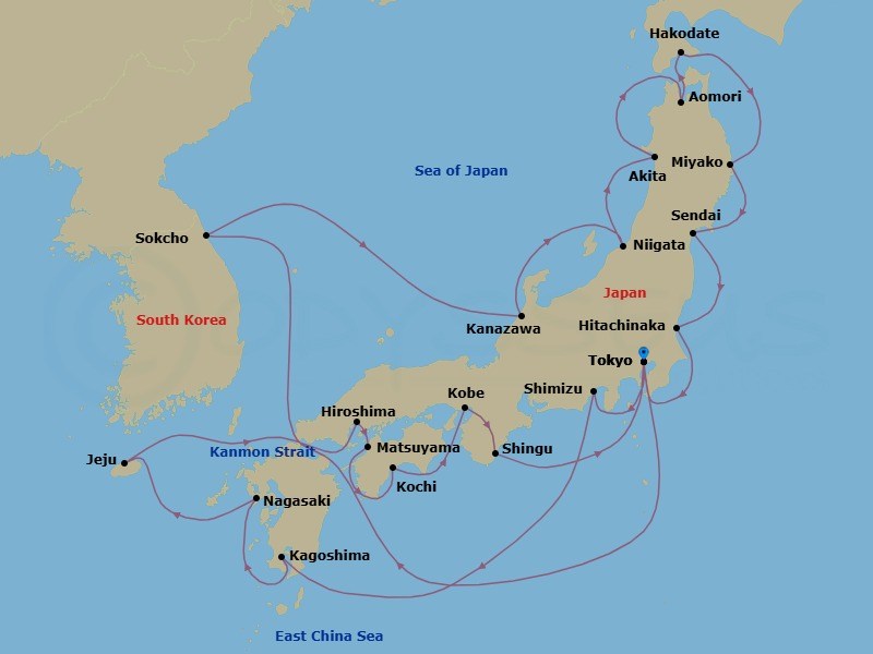 28 Night - In-Depth Exploration of Japan's Fall Foliage - Seabourn Encore - Starting in Tokyo, Japan, Scenic Cruising Kanmon Straits, Sokcho, South Korea, Kanazawa, Japan, Niigata, Japan, Akita, Japan, Aomori, Japan, Hakodate, Japan, Miyako, Japan, Sendai, Japan, Hitachinaka, Japan, Tokyo, Japan, Shimizu, Japan, Kagoshima, Japan, Nagasaki, Japan, Jeju (Cheju) City, South Korea, Scenic Cruising Kanmon Straits, Hiroshima, Japan, Matsuyama, Japan, Kochi, Japan, Kobe, Japan, Shingu, Japan, Tokyo, Japan itinerary map