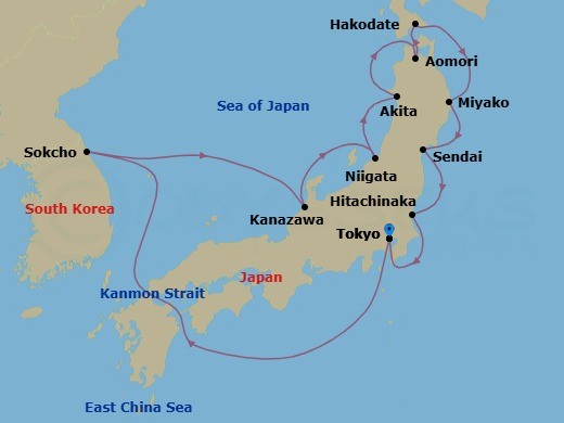 14 Night - Exploring Japan's Fall Foliage - Seabourn Encore - Starting in Tokyo, Japan, Scenic Cruising Kanmon Straits, Sokcho, South Korea, Kanazawa, Japan, Niigata, Japan, Akita, Japan, Aomori, Japan, Hakodate, Japan, Miyako, Japan, Sendai, Japan, Hitachinaka, Japan, Tokyo, Japan itinerary map