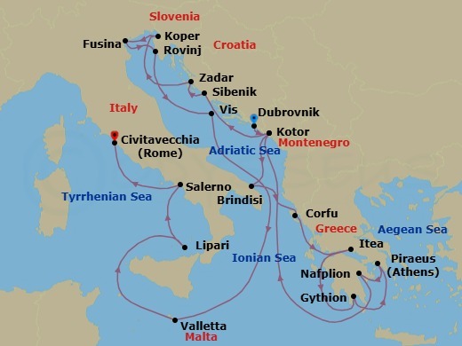 21 Night - Exploring Montenegro, Italy & Greece - Seabourn Ovation - Starting in Dubrovnik, Croatia, Kotor, Montenegro, Brindisi (Lecce), Italy, Corfu, Greece, Itea (Delphi), Greece, Gythion (Sparta), Greece, Piraeus (Athens), Greece, Nafplion, Greece, Kotor, Montenegro, Vodice (Sibenik), Croatia, Zadar, Croatia, Koper, Slovenia, Fusina (Venice), Italy, Rovinj, Croatia, Vis Island, Croatia, Valletta, Malta, Lipari, Italy, Salerno, Italy, Civitavecchia (Rome), Italy itinerary map