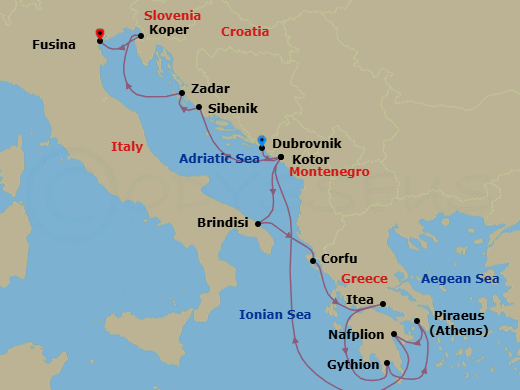 14 Night - Hidden Gems of Montenegro, Greece, Croatia & Slovenia - Seabourn Ovation - Starting in Dubrovnik, Croatia, Kotor, Montenegro, Brindisi (Lecce), Italy, Corfu, Greece, Itea (Delphi), Greece, Gythion (Sparta), Greece, Piraeus (Athens), Greece, Nafplion, Greece, Kotor, Montenegro, Vodice (Sibenik), Croatia, Zadar, Croatia, Koper, Slovenia, Fusina (Venice), Italy itinerary map