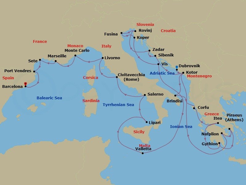 28 Night - Hidden Gems of Italy, Greece, Croatia & France - Seabourn Ovation - Starting in Dubrovnik, Croatia, Kotor, Montenegro, Brindisi (Lecce), Italy, Corfu, Greece, Itea (Delphi), Greece, Gythion (Sparta), Greece, Piraeus (Athens), Greece, Nafplion, Greece, Kotor, Montenegro, Vodice (Sibenik), Croatia, Zadar, Croatia, Koper, Slovenia, Fusina (Venice), Italy, Rovinj, Croatia, Vis Island, Croatia, Valletta, Malta, Lipari, Italy, Salerno, Italy, Civitavecchia (Rome), Italy, Livorno (Florence / Pisa), Italy, Monte Carlo, Monaco, La Joliette (Marseille), France, Sete, France, Port-Vendres, France, Barcelona, Spain itinerary map
