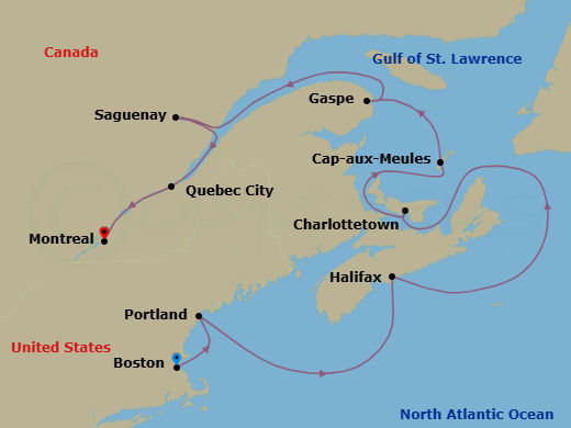 12 Night - Autumnal Canada Explorer - Seabourn Quest - Starting in Boston, Massachusetts, Portland ME, Halifax, Nova Scotia, Canada, Charlottetown, Prince Edward Island, Canada, Cap-aux-Meules, Iles de la Madeleine, Quebec, Canada, Gaspe, Quebec, Canada, Saguenay, Quebec, Canada, Quebec City, Quebec, Canada, Montreal, Quebec, Canada itinerary map