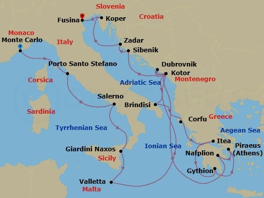 21 Night - Exploring Italy, Sicily, Greece, Croatia & Slovenia - Seabourn Ovation - Starting in Monte Carlo, Monaco, Porto Santo Stefano, Italy, Salerno, Italy, Giardini Naxos (Taormina), Italy, Valletta, Malta, Kotor, Montenegro, Dubrovnik, Croatia, Kotor, Montenegro, Brindisi (Lecce), Italy, Corfu, Greece, Itea (Delphi), Greece, Gythion (Sparta), Greece, Piraeus (Athens), Greece, Nafplion, Greece, Kotor, Montenegro, Vodice (Sibenik), Croatia, Zadar, Croatia, Koper, Slovenia, Fusina (Venice), Italy itinerary map
