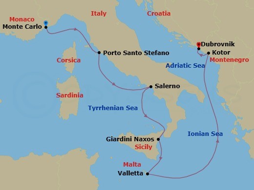 7 Night - Pompeii, Sicily, Malta & Montenegro - Seabourn Ovation - Starting in Monte Carlo, Monaco, Porto Santo Stefano, Italy, Salerno, Italy, Giardini Naxos (Taormina), Italy, Valletta, Malta, Kotor, Montenegro, Dubrovnik, Croatia itinerary map