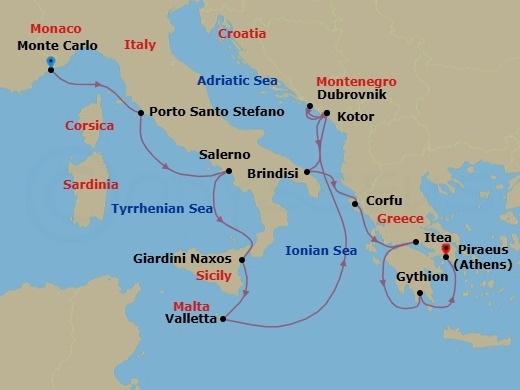 14 Night - Exploring Pompeii, Sicily, Montenegro & Greece - Seabourn Ovation - Starting in Monte Carlo, Monaco, Porto Santo Stefano, Italy, Salerno, Italy, Giardini Naxos (Taormina), Italy, Valletta, Malta, Kotor, Montenegro, Dubrovnik, Croatia, Kotor, Montenegro, Brindisi (Lecce), Italy, Corfu, Greece, Itea (Delphi), Greece, Gythion (Sparta), Greece, Piraeus (Athens), Greece itinerary map