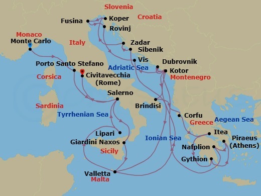 28 Night - Exploring Italy, Sicily & Dalmatian Coast - Seabourn Ovation - Starting in Monte Carlo, Monaco, Porto Santo Stefano, Italy, Salerno, Italy, Giardini Naxos (Taormina), Italy, Valletta, Malta, Kotor, Montenegro, Dubrovnik, Croatia, Kotor, Montenegro, Brindisi (Lecce), Italy, Corfu, Greece, Itea (Delphi), Greece, Gythion (Sparta), Greece, Piraeus (Athens), Greece, Nafplion, Greece, Kotor, Montenegro, Vodice (Sibenik), Croatia, Zadar, Croatia, Koper, Slovenia, Fusina (Venice), Italy, Rovinj, Croatia, Vis Island, Croatia, Valletta, Malta, Lipari, Italy, Salerno, Italy, Civitavecchia (Rome), Italy itinerary map