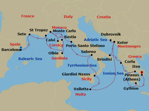 21 Night - French Yacht Harbors, Montenegro, Italy & Greece - Seabourn Ovation - Starting in Barcelona, Spain, Sete, France, St Tropez, France, Olbia, Sardinia, Italy, Bastia, Corsica, France, Calvi, Corsica, France, Monte Carlo, Monaco, Porto Santo Stefano, Italy, Salerno, Italy, Giardini Naxos (Taormina), Italy, Valletta, Malta, Kotor, Montenegro, Dubrovnik, Croatia, Kotor, Montenegro, Brindisi (Lecce), Italy, Corfu, Greece, Itea (Delphi), Greece, Gythion (Sparta), Greece, Piraeus (Athens), Greece itinerary map
