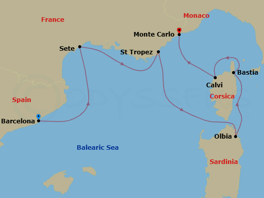 7 Night - French Yacht Harbors, Sardinia & Corsica - Seabourn Ovation - Starting in Barcelona, Spain, Sete, France, St Tropez, France, Olbia, Sardinia, Italy, Bastia, Corsica, France, Calvi, Corsica, France, Monte Carlo, Monaco itinerary map