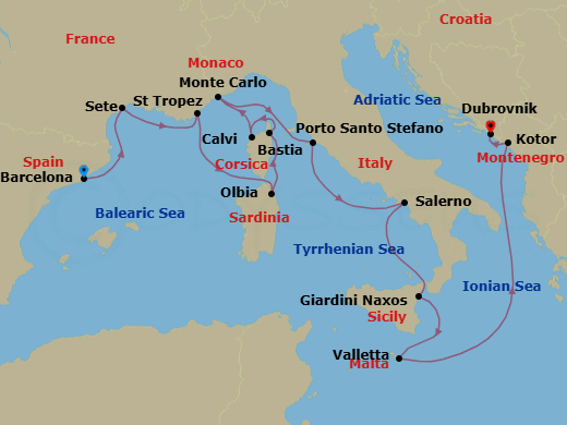 14 Night - Exploring French Yacht Harbors & Mediterranean Isles - Seabourn Ovation - Starting in Barcelona, Spain, Sete, France, St Tropez, France, Olbia, Sardinia, Italy, Bastia, Corsica, France, Calvi, Corsica, France, Monte Carlo, Monaco, Porto Santo Stefano, Italy, Salerno, Italy, Giardini Naxos (Taormina), Italy, Valletta, Malta, Kotor, Montenegro, Dubrovnik, Croatia itinerary map