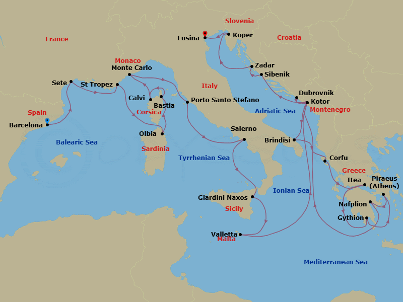 28 Night - Hidden Gems of France, Italy, Croatia & Slovenia - Seabourn Ovation - Starting in Barcelona, Spain, Sete, France, St Tropez, France, Olbia, Sardinia, Italy, Bastia, Corsica, France, Calvi, Corsica, France, Monte Carlo, Monaco, Porto Santo Stefano, Italy, Salerno, Italy, Giardini Naxos (Taormina), Italy, Valletta, Malta, Kotor, Montenegro, Dubrovnik, Croatia, Kotor, Montenegro, Brindisi (Lecce), Italy, Corfu, Greece, Itea (Delphi), Greece, Gythion (Sparta), Greece, Piraeus (Athens), Greece, Nafplion, Greece, Kotor, Montenegro, Vodice (Sibenik), Croatia, Zadar, Croatia, Koper, Slovenia, Fusina (Venice), Italy itinerary map